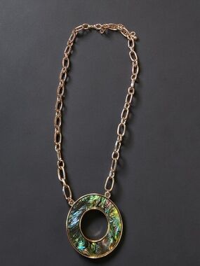 Gold Abalone Shell Circle Pendant Link Necklace